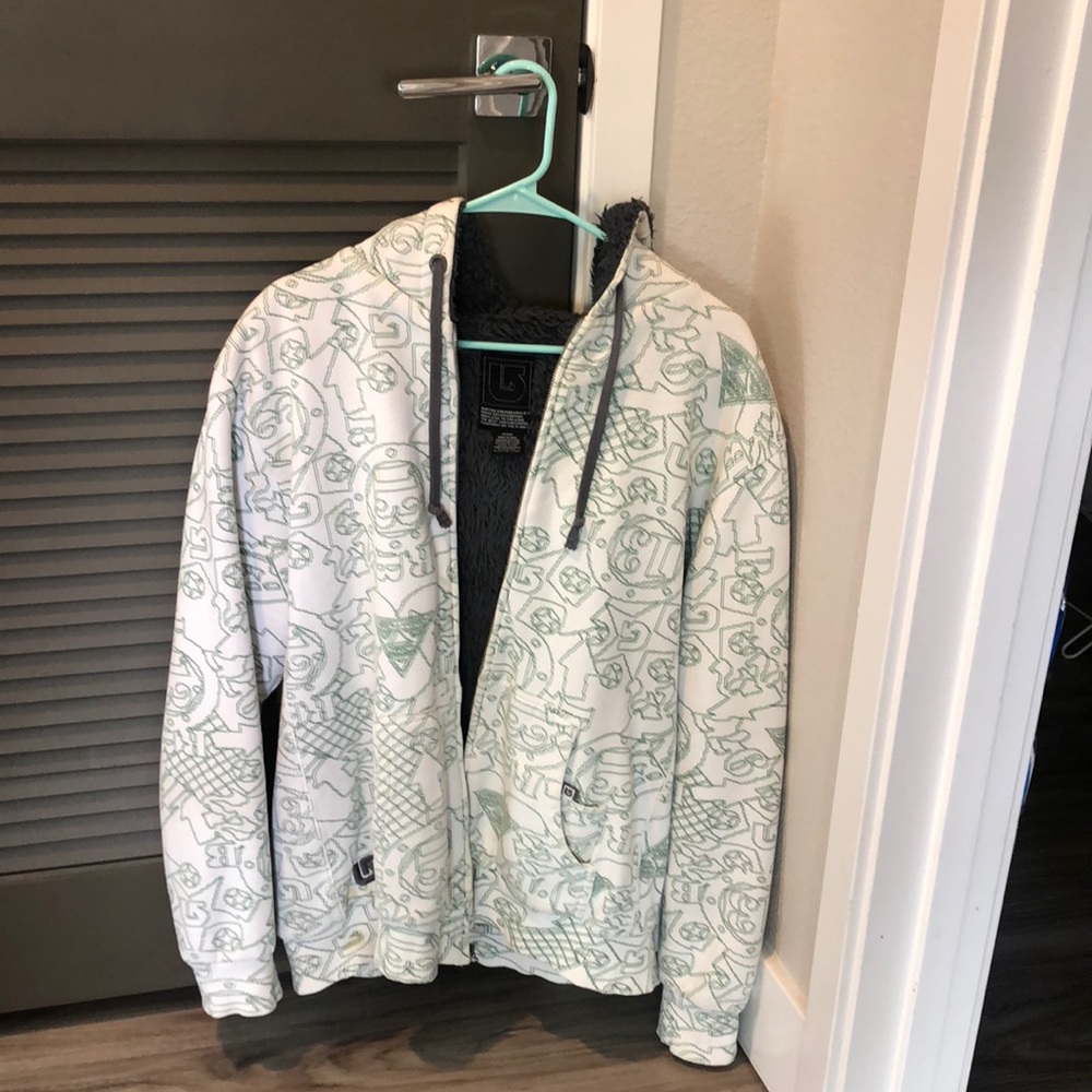 Burton white hooded sweater with green lines design